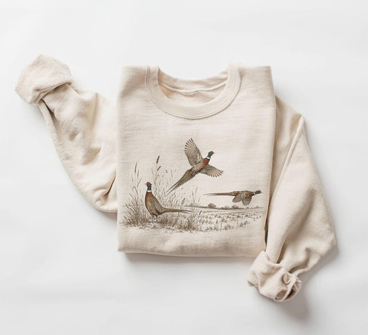 Retro 90's Pheasants In Flight Field Guide Unisex Adult Crewneck Sweatshirt