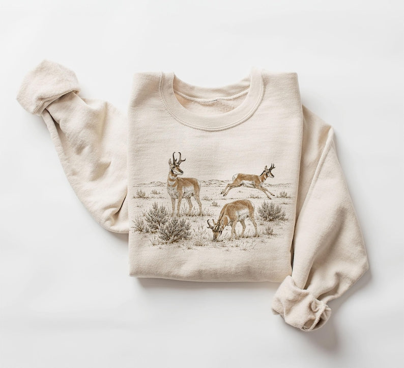 Retro 90's Pronghorn Bucks Desert Shrub Scene Unisex Adult Crewneck Sweatshirt