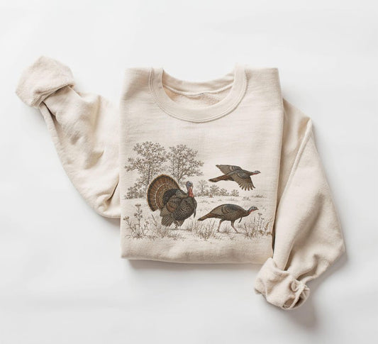 Retro 90's Turkeys In Flight & Foraging Field Guide Hunting Gift Unisex Adult Crewneck Sweatshirt
