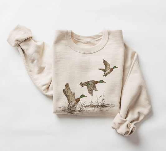 Retro 90's Mallard Ducks In Flight Hunting Field Guide Unisex Adult Crewneck Sweatshirt