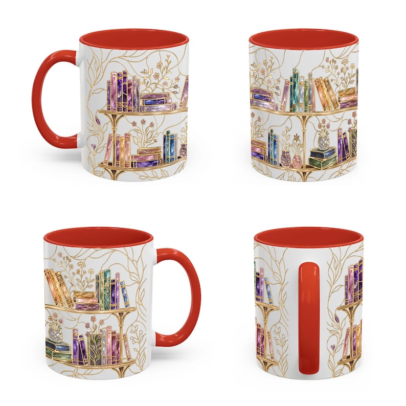Stained-Glass Style Floral Bookshelf Coffee Mug, Book Lover Mug Gift, Bookish Coffee Mug, Stained Glass Gift, Library Cup