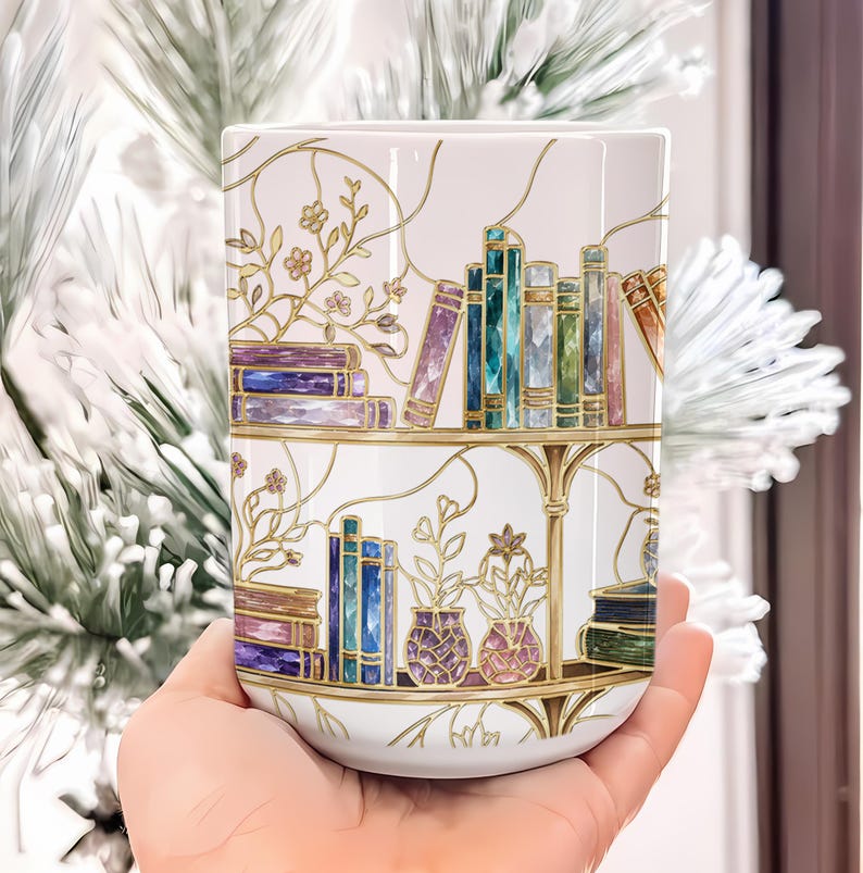 Stained-Glass Style Floral Bookshelf Coffee Mug, Book Lover Mug Gift, Bookish Coffee Mug, Stained Glass Gift, Library Cup