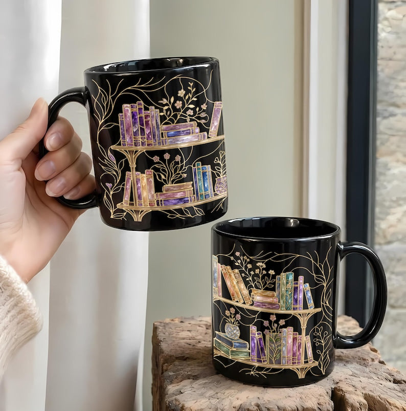Stained-Glass Style Floral Bookshelf Coffee Mug, Book Lover Mug Gift, Bookish Coffee Mug, Stained Glass Gift, Library Cup