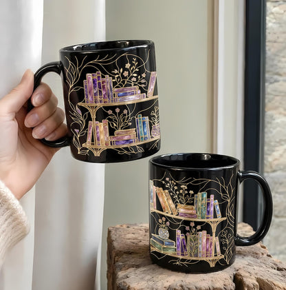 Stained-Glass Style Floral Bookshelf Coffee Mug, Book Lover Mug Gift, Bookish Coffee Mug, Stained Glass Gift, Library Cup