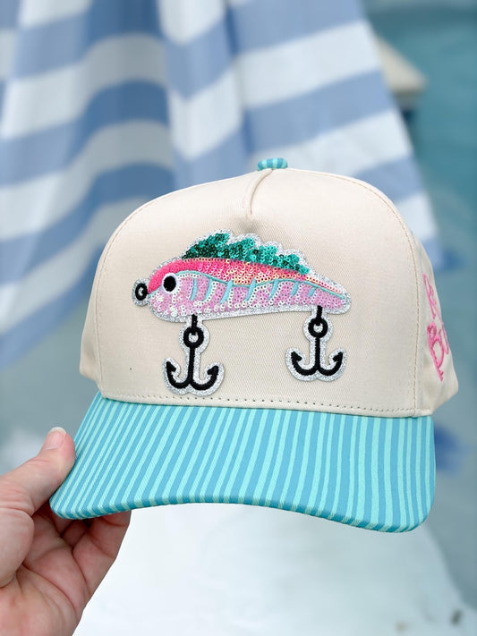 Pink Fishing Lure Trucker Hat Sequin with Pattern Brims -  Fishing and Hunting Inspired Hats