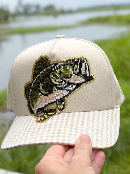 Bass Fish Catch of the Day Trucker Hat Sequin with Pattern Brims - Fishing and Hunting Inspired Hats