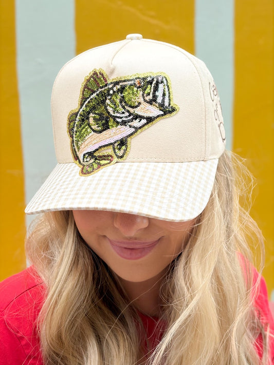 Bass Fish Catch of the Day Trucker Hat Sequin with Pattern Brims -  Fishing and Hunting Inspired Hats