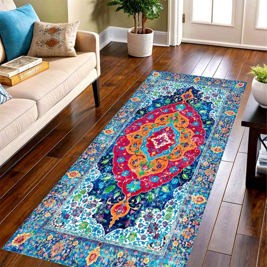 Turquoise Anatolian Pattern Printed Runner Rug: Medallion Hallway Carpet, Non-Slip Machine-Washable