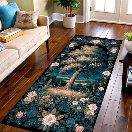 Vintage Blossom Tree Runner Rug: Teal Woodland Hallway Carpet, Non-Slip Machine-Washable