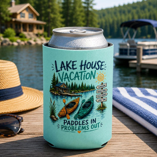 Personalized Lake House Vacation Can Cooler, Family Lake Trip, Kayak Lake Weekend Gift, Matching Family Reunion Drink Holder, Custom Lake