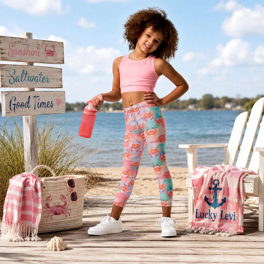 Kids Crab Leggings, Coastal Toddler Leggings, Beach Girl Leggings, Ocean Lover Pants, Pink Crab Leggings, Matching Family Beach Outfit