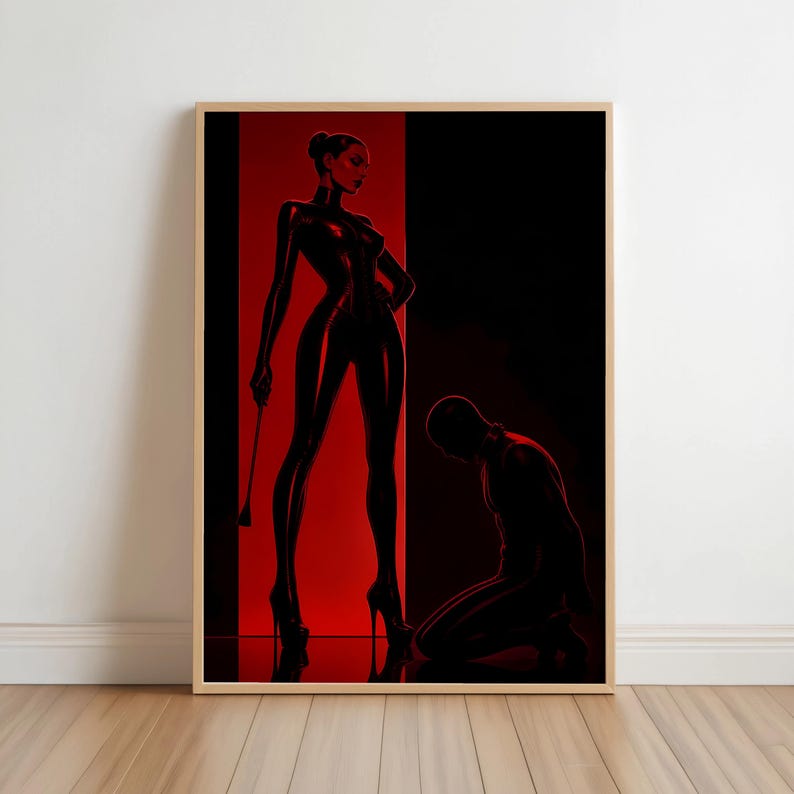 BDSM Femdom Art Print, Red & Black Latex Art, Kinky Fetish Art Wall Decor, Dominatrix Shipped, Bondage Art, Dominant Woman Illustration