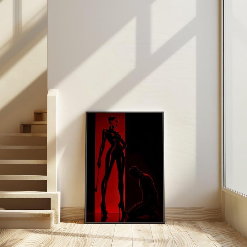 BDSM Femdom Art Print, Red & Black Latex Art, Kinky Fetish Art Wall Decor, Dominatrix Shipped, Bondage Art, Dominant Woman Illustration