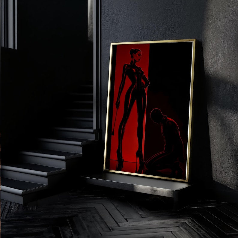 BDSM Femdom Art Print, Red & Black Latex Art, Kinky Fetish Art Wall Decor, Dominatrix Shipped, Bondage Art, Dominant Woman Illustration
