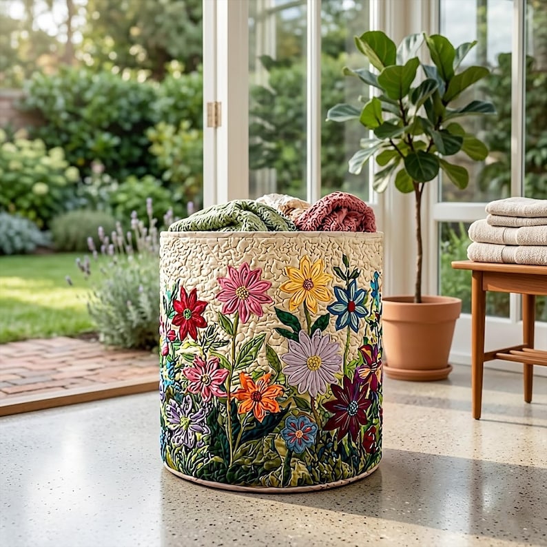 Boho Flowers Quilted Laundry Basket: Large Floral Fabrics Hamper, Foldable Family Storage Bin