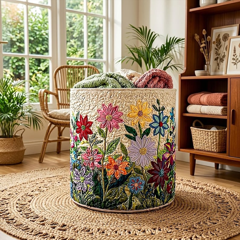 Boho Flowers Quilted Laundry Basket: Large Floral Fabrics Hamper, Foldable Family Storage Bin