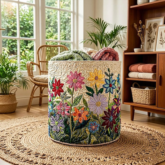Boho Flowers Quilted Laundry Basket: Large Floral Fabrics Hamper, Foldable Family Storage Bin