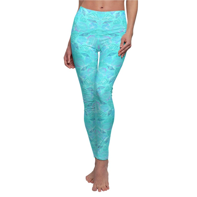 Beach Shell Leggings for Women, Coastal Seashell Yoga Pants, Ocean Blue Mid Rise Leggings, Beach Vacation Outfit, Matching Tee
