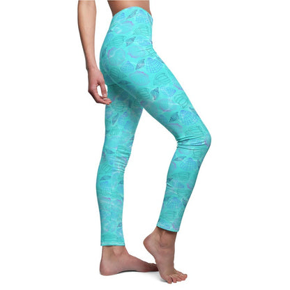 Beach Shell Leggings for Women, Coastal Seashell Yoga Pants, Ocean Blue Mid Rise Leggings, Beach Vacation Outfit, Matching Tee