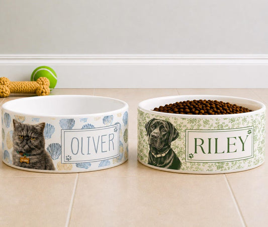 Personalized Pet Floral Bowl With Pet Name Photo, Custom Ceramic Flower Dog Food Water Bowl, Cat Bowl With Name, Boho Feeding Dish