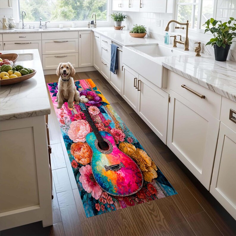 Colorful Guitar Runner Rug: Floral Music Hallway Carpet, Non-Slip Machine-Washable