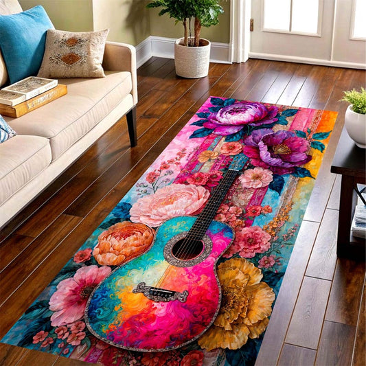 Colorful Guitar Runner Rug: Floral Music Hallway Carpet, Non-Slip Machine-Washable