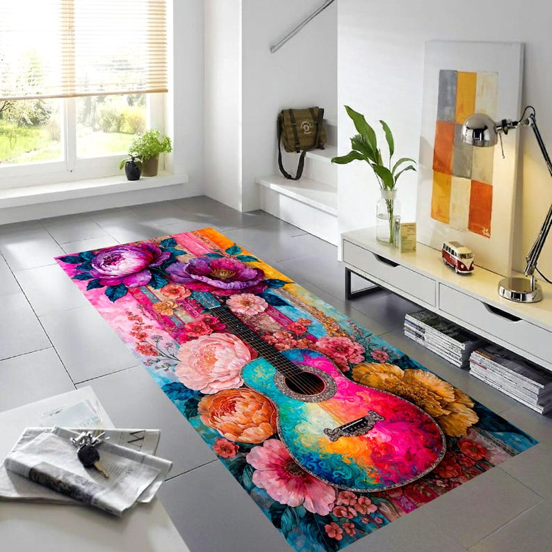 Colorful Guitar Runner Rug: Floral Music Hallway Carpet, Non-Slip Machine-Washable