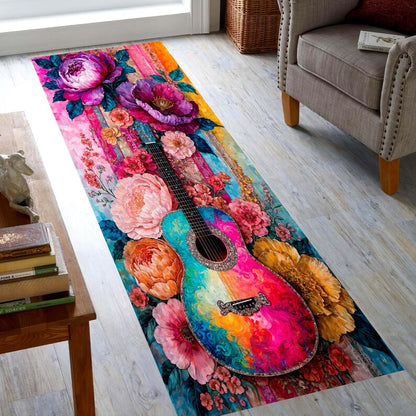 Colorful Guitar Runner Rug: Floral Music Hallway Carpet, Non-Slip Machine-Washable
