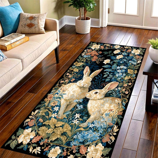 Rabbit Floral Runner Rug, Vintage Wlliam Morris Style Hallway Carpet, Machine-Washable Non-Slip
