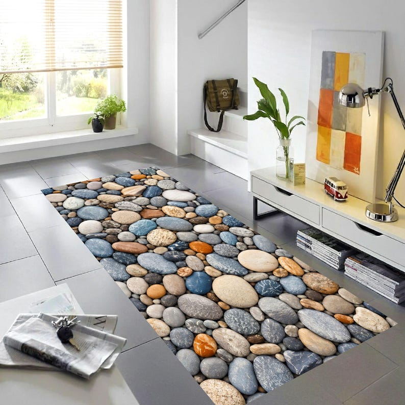 Pebble Stone Runner Rug: River Rock Kitchen Carpet, Non-Slip Machine-Washable