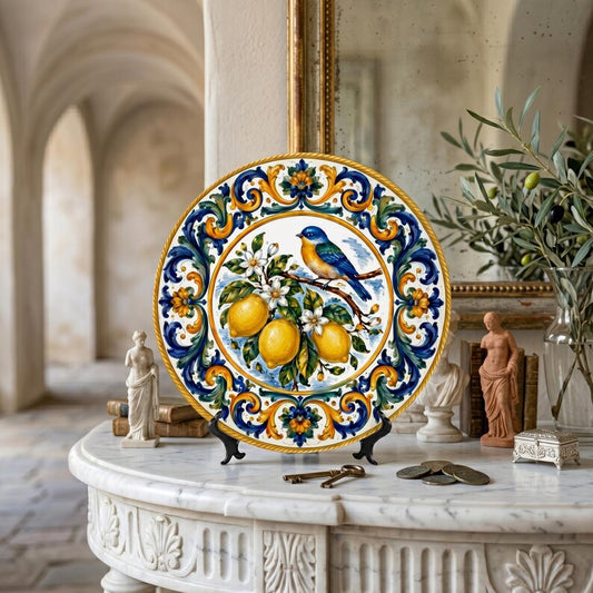 Decorative Display Plate Inspired By Italian Majolica Bluebird And Yellow Lemons Floral Border