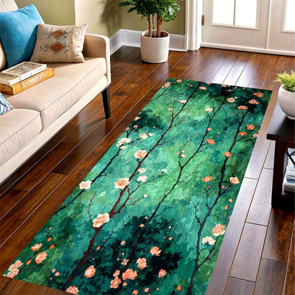 Green Blossom Runner Rug: Forest Branch Floral Hallway Carpet, Non-Slip Machine-Washable