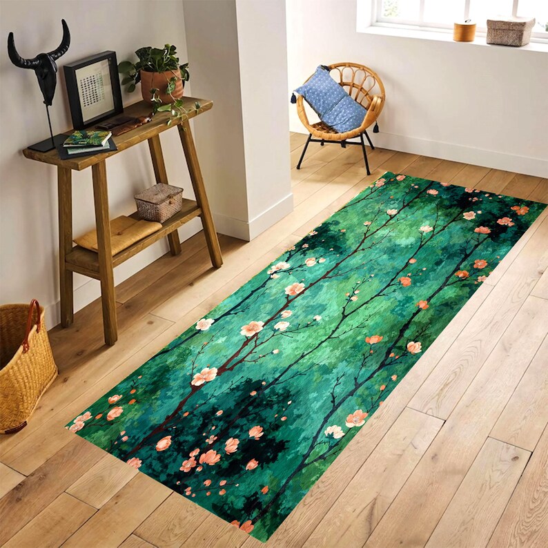 Green Blossom Runner Rug: Forest Branch Floral Hallway Carpet, Non-Slip Machine-Washable