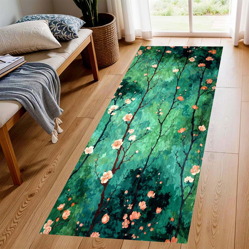 Green Blossom Runner Rug: Forest Branch Floral Hallway Carpet, Non-Slip Machine-Washable
