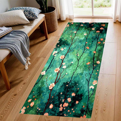 Green Blossom Runner Rug: Forest Branch Floral Hallway Carpet, Non-Slip Machine-Washable