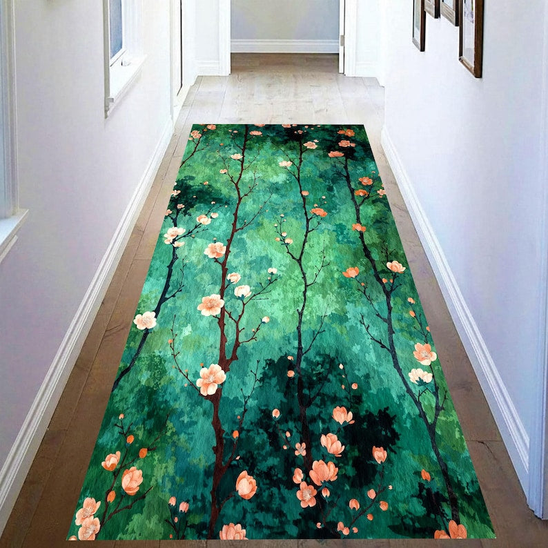 Green Blossom Runner Rug: Forest Branch Floral Hallway Carpet, Non-Slip Machine-Washable