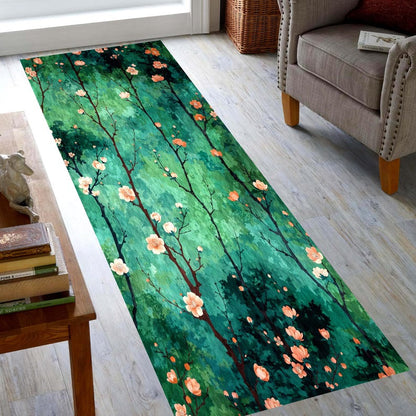 Green Blossom Runner Rug: Forest Branch Floral Hallway Carpet, Non-Slip Machine-Washable