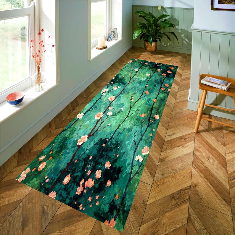 Green Blossom Runner Rug: Forest Branch Floral Hallway Carpet, Non-Slip Machine-Washable