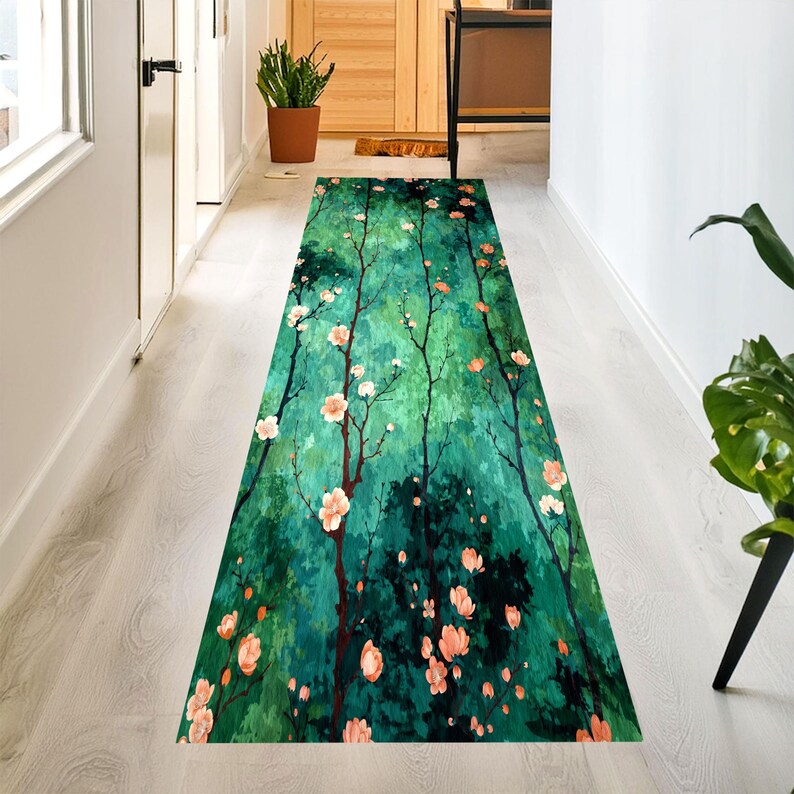 Green Blossom Runner Rug: Forest Branch Floral Hallway Carpet, Non-Slip Machine-Washable