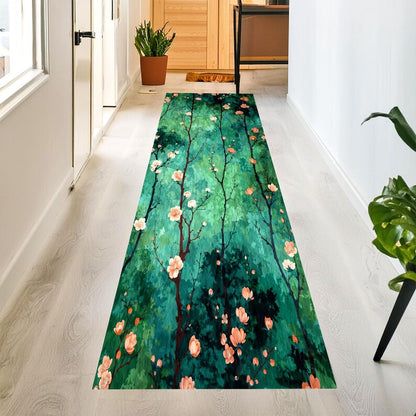Green Blossom Runner Rug: Forest Branch Floral Hallway Carpet, Non-Slip Machine-Washable