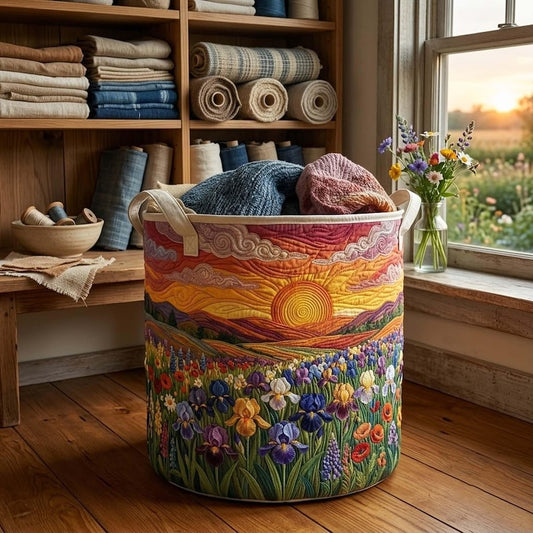 Wild Flower Field Quilted Laundry Basket: Colorful Botanical Hamper, Meadow Floral Storage Bin