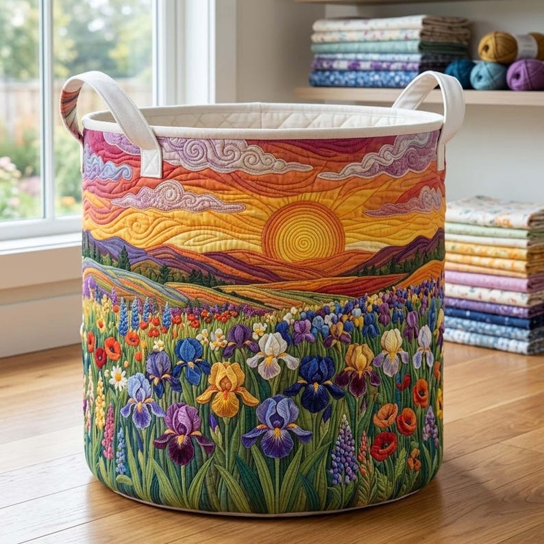 Wild Flower Field Quilted Laundry Basket: Colorful Botanical Hamper, Meadow Floral Storage Bin