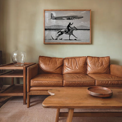 Vintage Cowboy Print, American Airlines Wall Art, 1950s Airplane Photo Poster, Black and White Western Decor, Mid Century Horseback Canvas