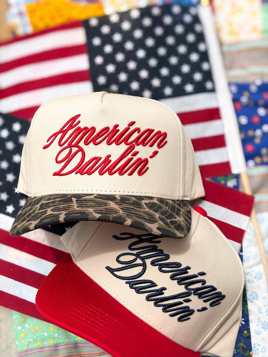 American Darlin’ Trucker Hat - Patriotic Red White & Blue Hat - Embroidered Summer Cap -  Leopard Print  Americana Style