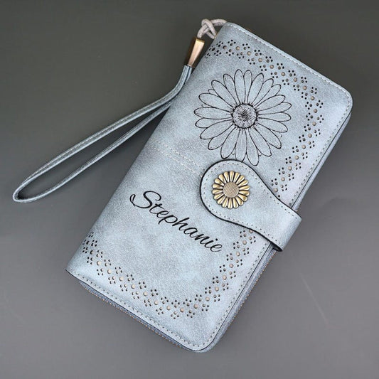 Leather Engraved Personalized Wristlet Wallet For Women Gift Idea Floral Custom Wristlet Clutch Wallet with Strap Name Engraved Christmas