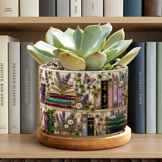 Stained-Glass Style Floral Bookshelf Plant Pot, Teacher Gift, Bookworm Gifts, Librarian Gift, Teacher Back to School Gift, Book Lover