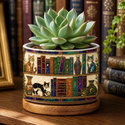 Cat and Books Stained Glass Plant Pot, Floral Cozy Library Pot, Cat Bookish Gift For Reader, Gift For Book Lover, Library Decor Ceramic Pot