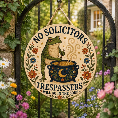 Frog No Solicitors Wood Door Sign with Cauldron and Floral Border