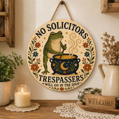 Frog No Solicitors Wood Door Sign with Cauldron and Floral Border
