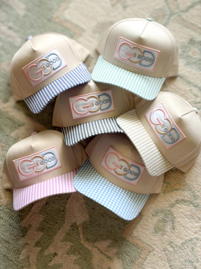 God Is Good Gingham Pattern Trucker Hat - Christian Embroidered Trucker Hat - Faith-Based Preppy Gingham Brim